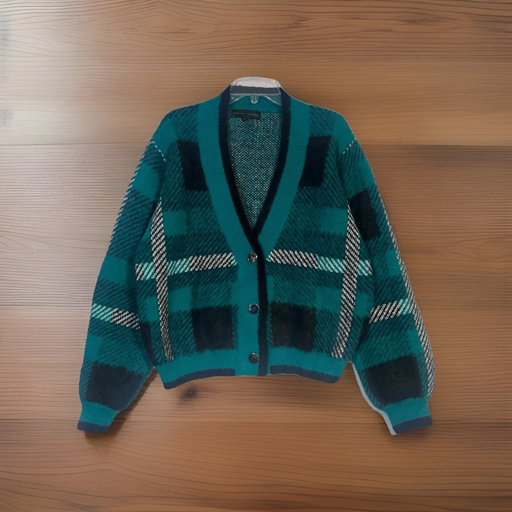 English Factory Checkered Cardigan Sz LG Green Tartan Plaid Oversized Sweater